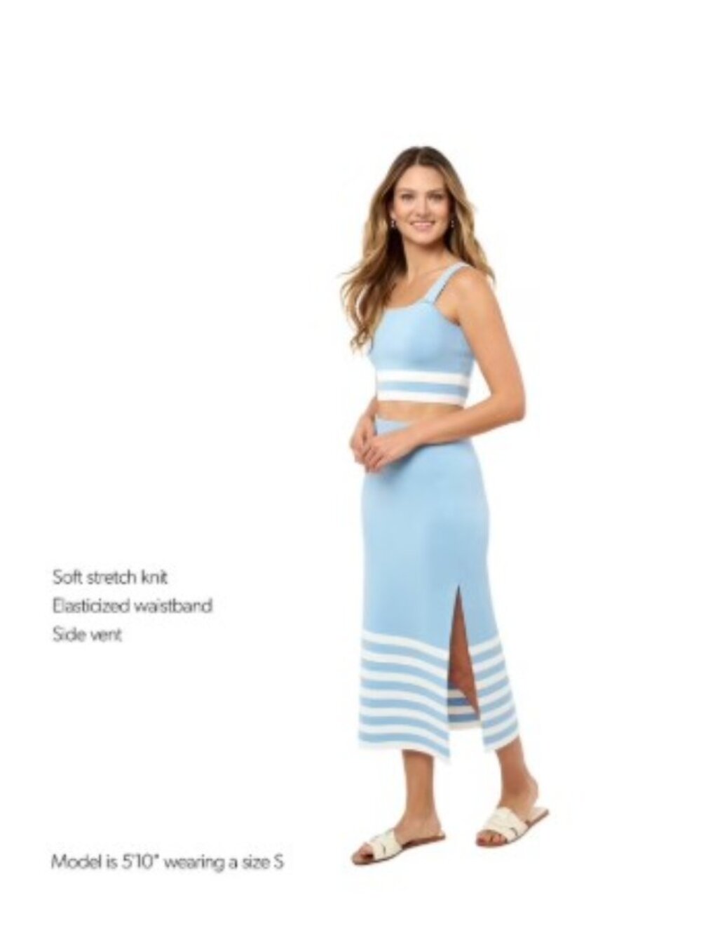 Light Blue Knit Midi Skirt Set with White Stripes